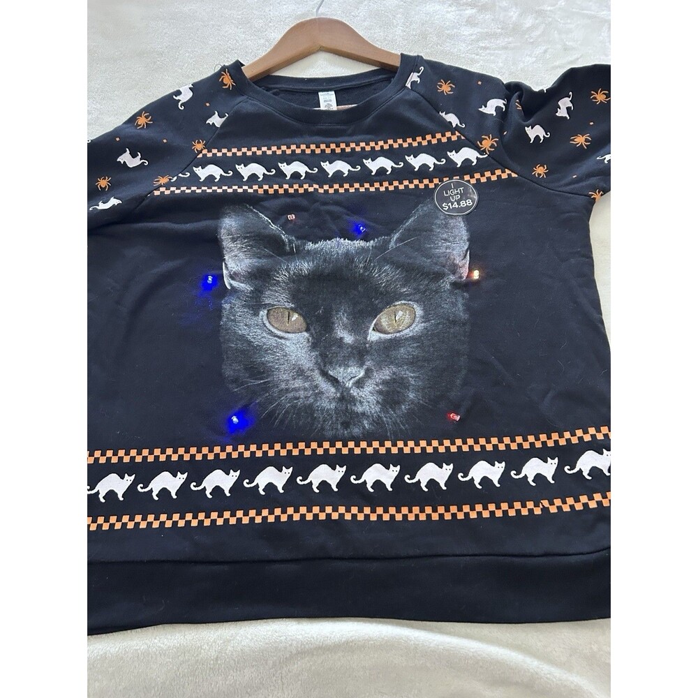 Black Cat Light Up Sweatshirt Womens XL 15-17 Halloween Cat Mom Graphic Pullover - Picture 8 of 9
